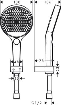 HANSGROHE RAINFINITY 130 3JET sprchová súprava 3-dielna, ručná sprcha pr. 130 mm, 3 prúdy, hadica, držiak, chróm 26852000 Technický nákres