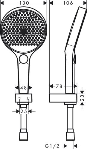 HANSGROHE RAINFINITY 130 3JET sprchová súprava 3-dielna, ručná sprcha pr. 130 mm, 3 prúdy, hadica, držiak, matná biela 26851700 Technický nákres