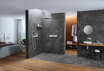 HANSGROHE RAINFINITY nástenná prípojka hadice Porter 500 s poličkou a držiakom sprchy vľavo, matná biela/grafit 26843700 Obrázek - fotka