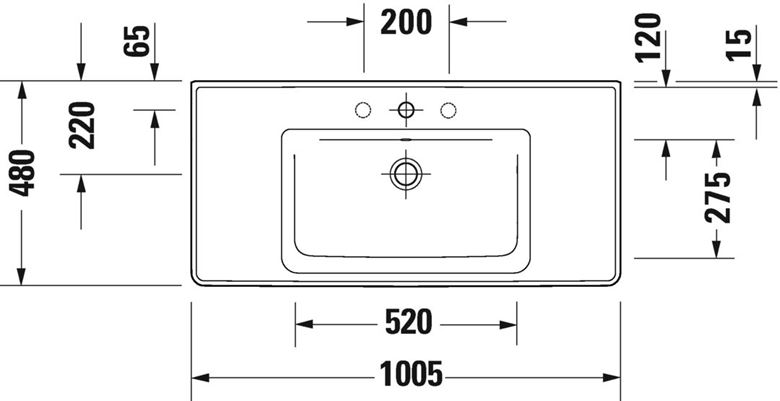 DURAVIT D-NEO umývadlo 100,5 cm, s otvorom pre batériu a prepadom, WonderGliss 23671000001 Technický nákres