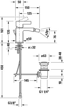 DURAVIT D-NEO bidetová stojanková batéria, s odtokovou súpravou, chróm DE2400001010 Technický nákres