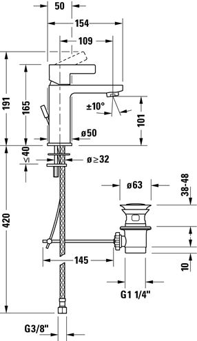 DURAVIT D-NEO umývadlová stojanková batéria, s odtokovou súpravou, chróm DE1020001010 Technický nákres