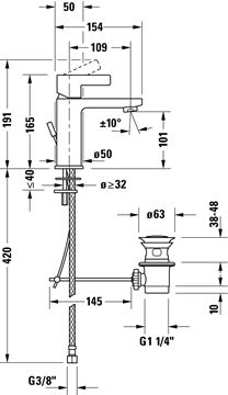 DURAVIT D-NEO umývadlová stojanková batéria, s odtokovou súpravou, chróm DE1020001010 Technický nákres