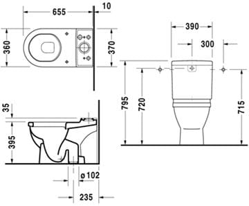 DURAVIT STARCK 3 WC kombi misa, spodný odpad, WonderGliss 01260100001 Technický nákres
