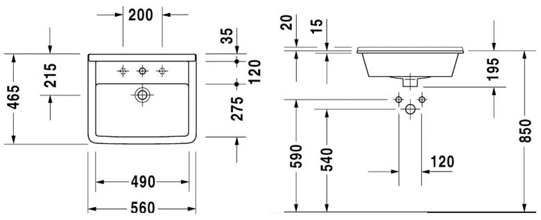 DURAVIT STARCK 3 umývadlo 56 cm, s otvorom pre batériu a prepadom 0302560000 Technický nákres