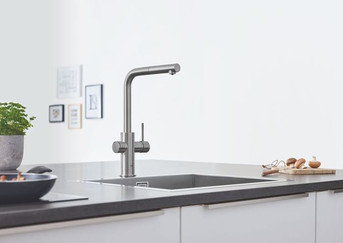 GROHE BLUE HOME drezová elektronická batéria, s vyťahovacou koncovkou, s filtračným a chladiacim zariadením, Bluetooth, napájanie zo siete, supersteel 31539DC0 Obrázek - fotka