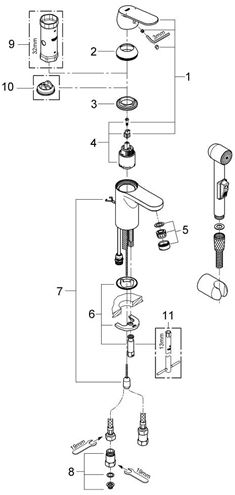 GROHE EUROSMART COSMOPOLITAN umývadlová stojanková batéria, s bidetovou sprškou, chróm 23125000 Obrázek - fotka