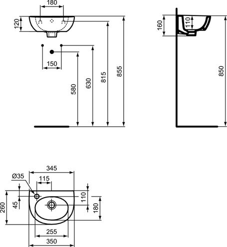 IDEAL STANDARD EUROVIT umývadielko 35 cm, s otvorom pre batériu vľavo, s prepadom W330001 Technický nákres