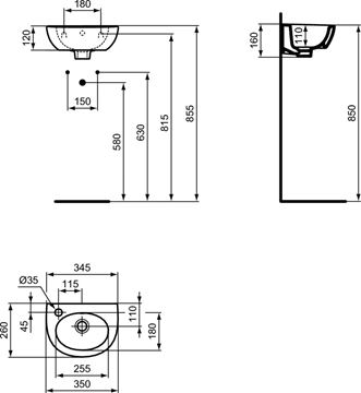IDEAL STANDARD EUROVIT umývadielko 35 cm, s otvorom pre batériu vľavo, s prepadom W330001 Technický nákres
