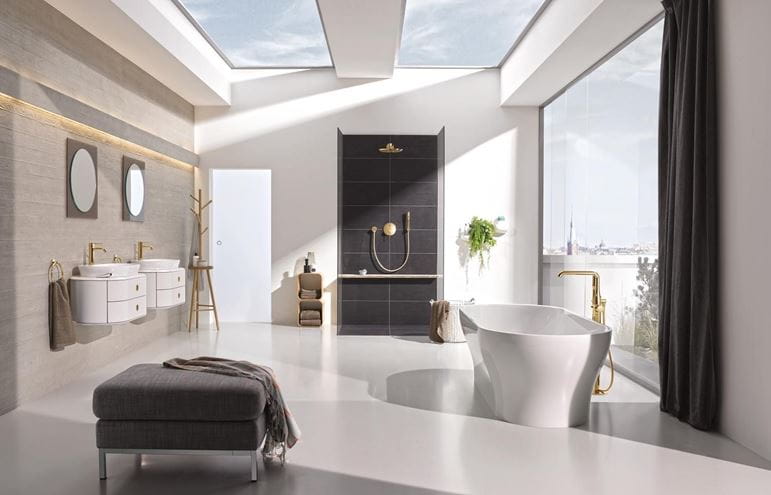 GROHE ESSENCE NEW vaňová batéria na podlahu, s prepínačom, so sprchovou súpravou, cool sunrise 23491GL1 Obrázek - fotka