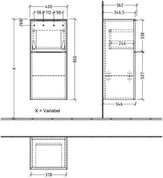 VILLEROY & BOCH SUBWAY 3.0 nízka skrinka 40x36,2x86 cm, 1 zásuvka, 1 dvierka, pánty vľavo, Stone Oak C59401RK Technický nákres