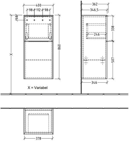 VILLEROY & BOCH SUBWAY 3.0 nízka skrinka 40x36,2x86 cm, 1 zásuvka, 1 dvierka, pánty vľavo, Stone Oak C59401RK Technický nákres