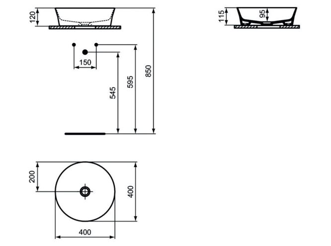 IDEAL STANDARD IPALYSS umývadlová misa 40 cm, bez prepadu E139801 Technický nákres