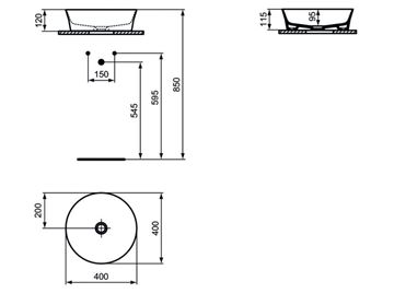IDEAL STANDARD IPALYSS umývadlová misa 40 cm, bez prepadu E139801 Technický nákres