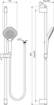 IDEAL STANDARD IDEALRAIN EVO JET sprchový set 903mm s ručnou sprchou, s držiakom a hadicou, chróm B1764AA Technický nákres