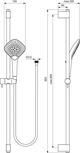 IDEAL STANDARD IDEALRAIN EVO JET sprchový set 903mm s ručnou sprchou, s držiakom a hadicou, chróm B1764AA Technický nákres
