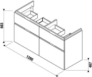 JIKA CUBITO PURE skrinka pod dvojumývadlo 128x46,7x68,3 cm, 4 zásuvky, Push-open, dub H40J4274025191 Technický nákres