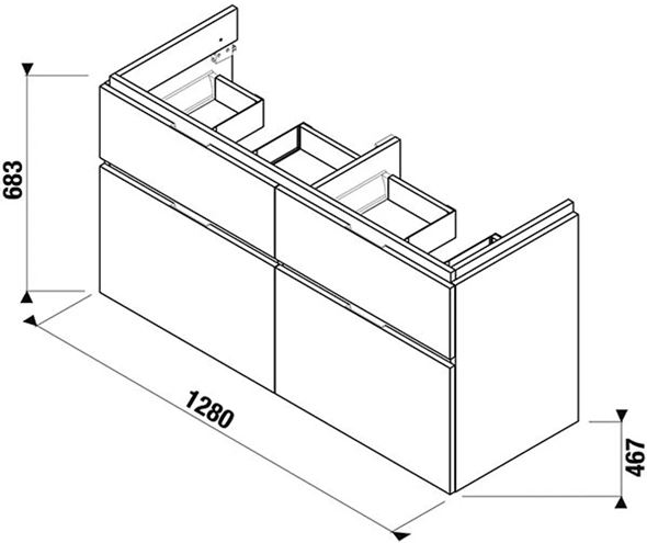 JIKA CUBITO PURE skrinka pod dvojumývadlo 128x46,7x68,3 cm, 4 zásuvky, Push-open, dub H40J4274025191 Technický nákres
