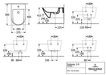 VILLEROY & BOCH SUBWAY 3.0 závesný bidet, alpská biela 44700001 Technický nákres
