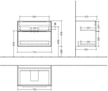 VILLEROY & BOCH SUBWAY 3.0 skrinka pod umývadlo 77,2x47,8x57,6 cm, 2 zásuvky, Stone Oak C57401RK Technický nákres