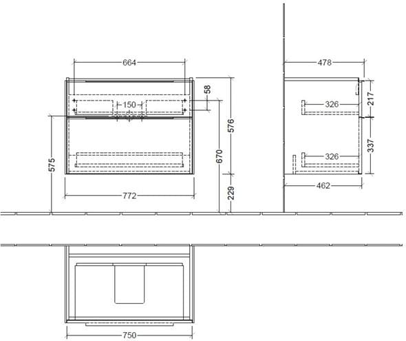 VILLEROY & BOCH SUBWAY 3.0 skrinka pod umývadlo 77,2x47,8x57,6 cm, 2 zásuvky, Stone Oak C57401RK Technický nákres
