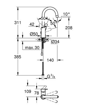 GROHE EUROSMART umývadlová stojanková batéria, chróm 23743003 Technický nákres