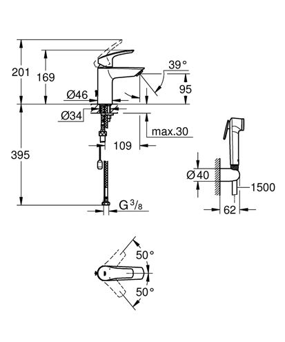 GROHE EUROSMART umývadlová stojanková batéria, s bidetovou sprškou, chróm 23124003 Technický nákres