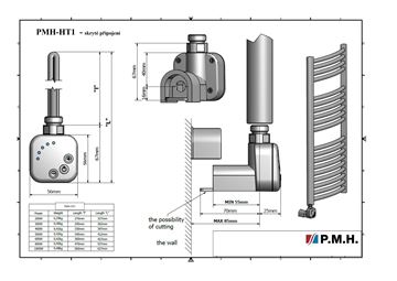P.M.H. HT1 vykurovacia tyč 300W, pre kúpeľňové radiátory, so skrytým pripojením, chróm PMH-HT1-C-300W Technický nákres