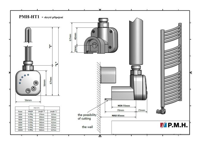 P.M.H. HT1 vykurovacia tyč 300W, pre kúpeľňové radiátory, so skrytým pripojením, chróm PMH-HT1-C-300W Technický nákres