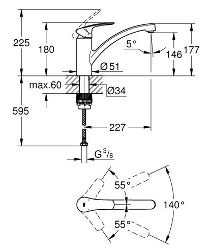 GROHE EUROSMART drezová batéria, chróm 3328130E Technický nákres