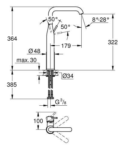 GROHE ESSENCE NEW umývadlová stojanková batéria, chróm 24170001 Technický nákres