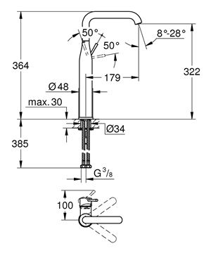 GROHE ESSENCE NEW umývadlová stojanková batéria, chróm 24170001 Technický nákres
