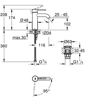 GROHE ESSENCE NEW umývadlová stojanková batéria, s odtokovou súpravou, studený štart, chróm 24179001 Technický nákres