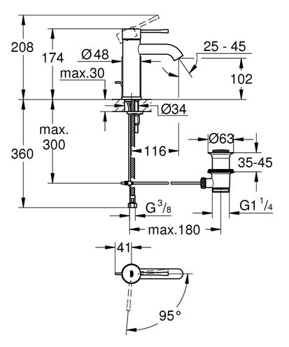 GROHE ESSENCE NEW umývadlová stojanková batéria, s odtokovou súpravou, studený štart, chróm 24180001 Technický nákres