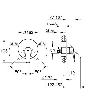 GROHE BAUEDGE sprchová podomietková batéria, s telesom, chróm 29078001 Technický nákres