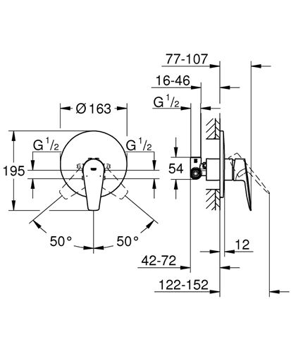 GROHE BAUEDGE sprchová podomietková batéria, s telesom, chróm 29078001 Technický nákres