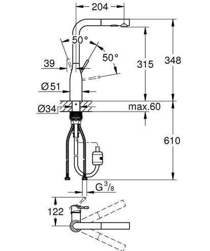 GROHE ESSENCE NEW drezová batéria, s vyťahovacou sprškou, warm sunset 30504DA0 Technický nákres