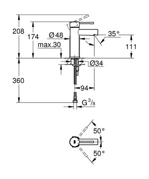 GROHE ESSENCE NEW umývadlová stojanková batéria, chróm 34813001 Technický nákres