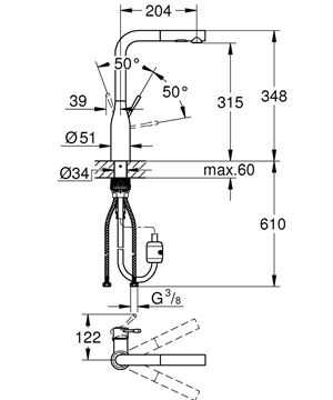 GROHE ESSENCE NEW drezová batéria, s vyťahovacou sprškou, kartáčovaný warm sunset 30504DL0 Technický nákres