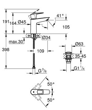 GROHE BAULOOP umývadlová stojanková batéria, s odtokovou súpravou, chróm 23886001 Technický nákres