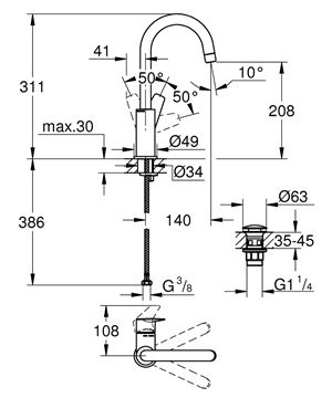 GROHE BAUEDGE umývadlová stojanková batéria, s odtokovou súpravou, chróm 23911001 Technický nákres