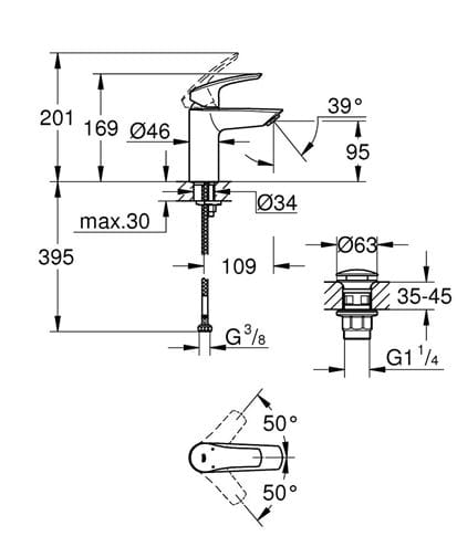 GROHE EUROSMART umývadlová stojanková batéria, s odtokovou súpravou, Water Saving, chróm 23922003 Technický nákres