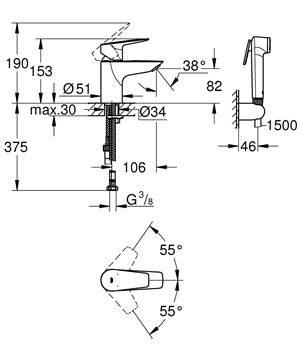 GROHE BAUEDGE umývadlová stojanková batéria, s bidetovou sprškou, chróm 23757001 Technický nákres