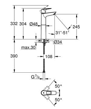 GROHE BAULOOP umývadlová stojanková batéria, chróm 23764001 Technický nákres