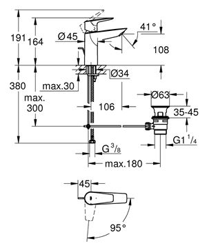 GROHE BAUEDGE umývadlová stojanková batéria, s odtokovou súpravou, chróm 23328001 Technický nákres