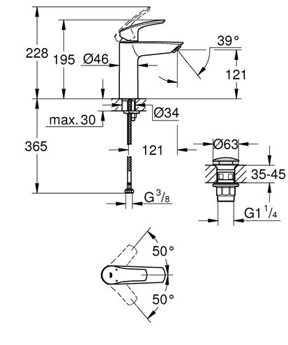 GROHE EUROSMART umývadlová stojanková batéria, s odtokovou súpravou, chróm 23923003 Technický nákres