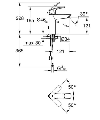 GROHE EUROSMART umývadlová stojanková batéria, chróm 23323003 Technický nákres