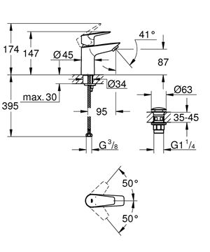 GROHE BAUEDGE umývadlová stojanková batéria, s odtokovou súpravou, chróm 23896001 Technický nákres