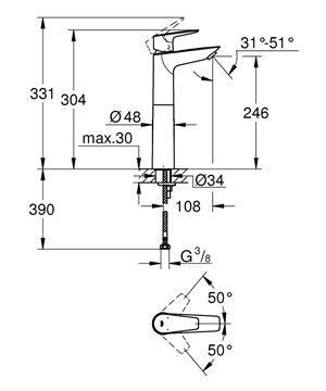 GROHE BAUEDGE umývadlová stojanková batéria, chróm 23761001 Technický nákres