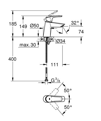 GROHE EUROSMART umývadlová stojanková batéria, chróm 23967003 Technický nákres